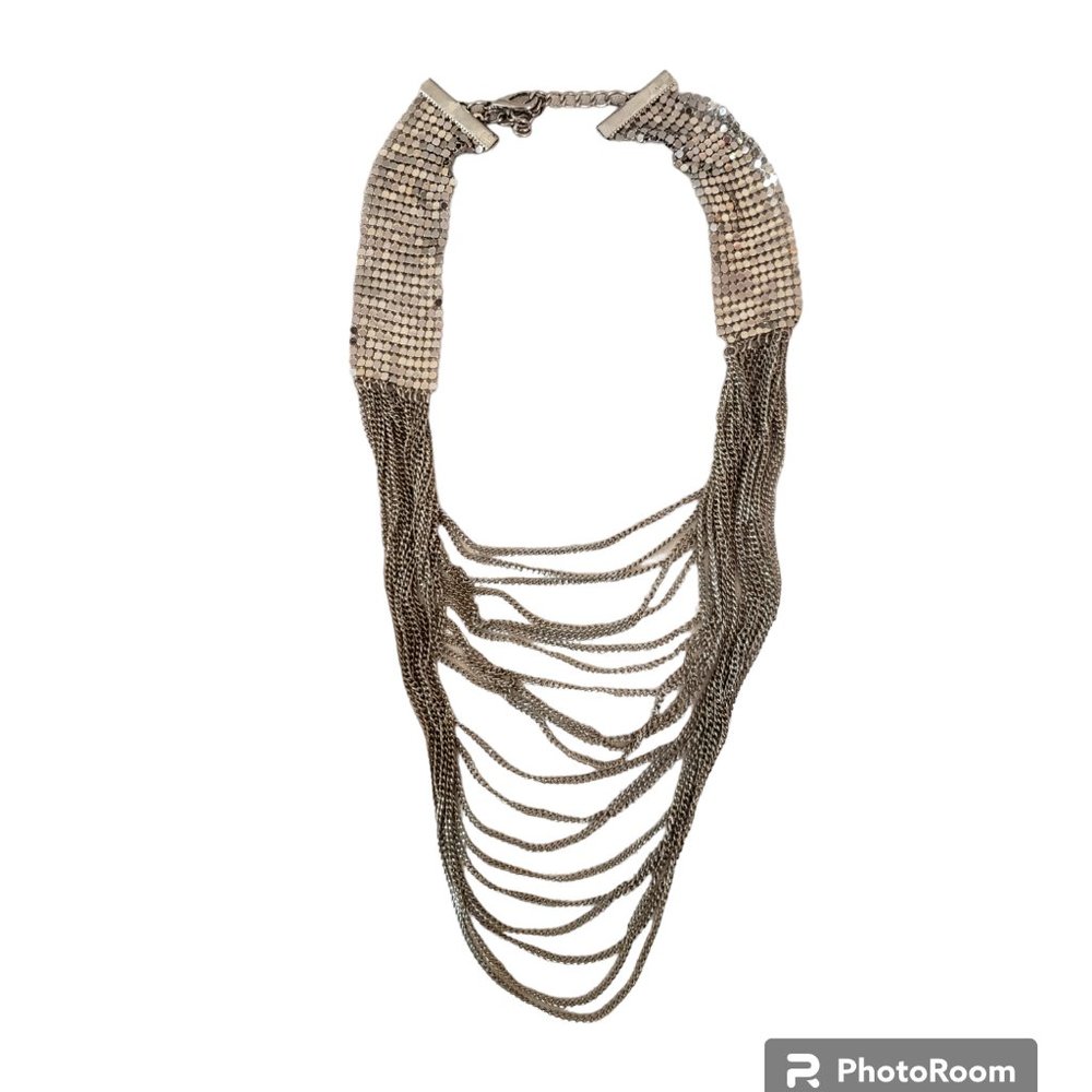 Signed MIKA Fashion Haute Couture Runway Multi Strand Silver Mesh Necklace DISCO
